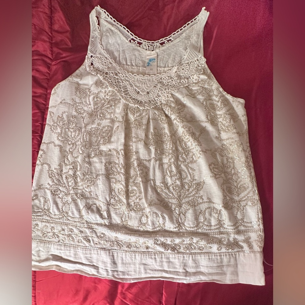 Embroidered Off White Sleeveless Embroidered Sequin XL Top